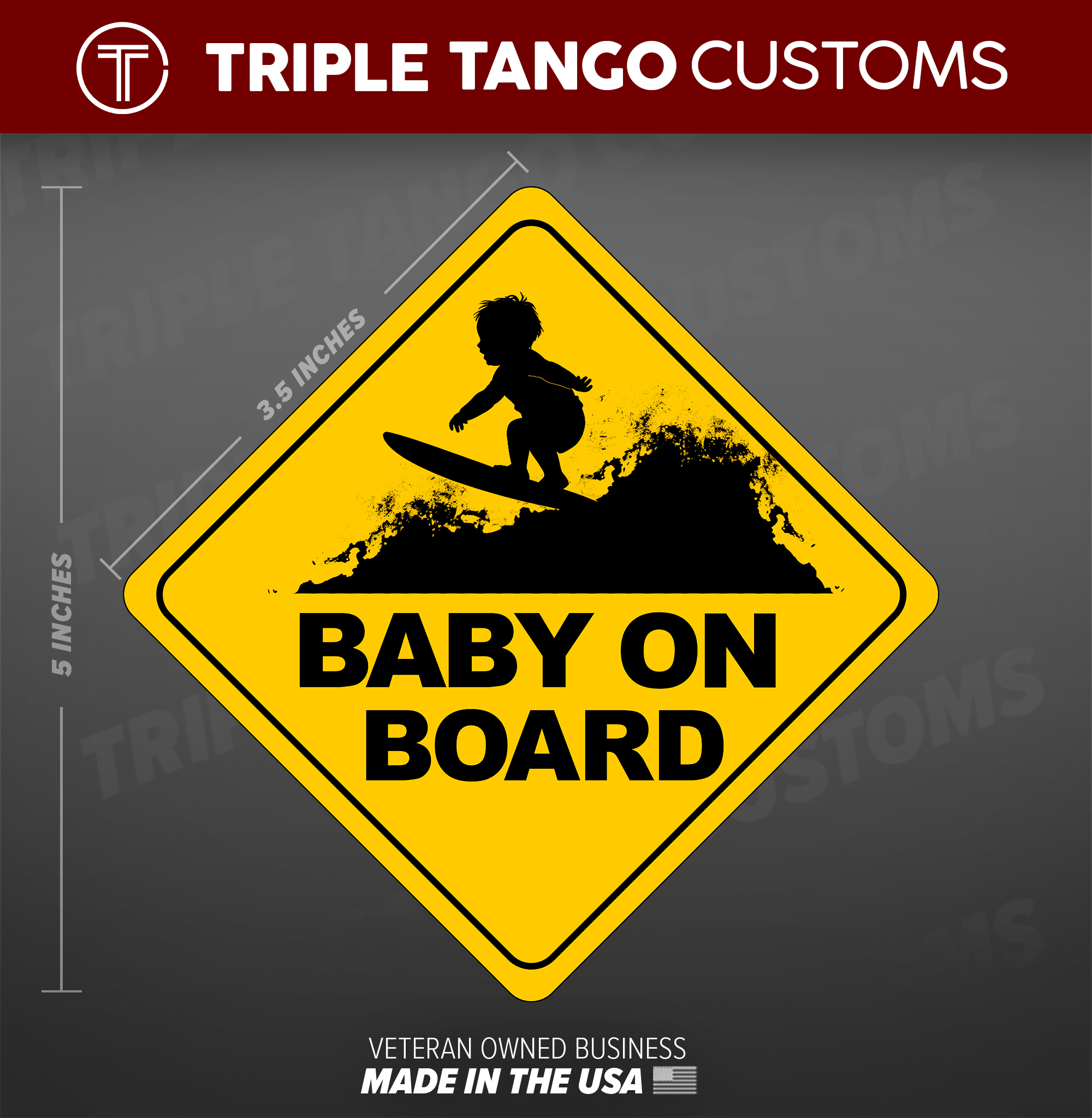 Funny Bumper Sticker BABY ON SURFBOARD Vinyl Decal MADE IN USA 3.5" inches